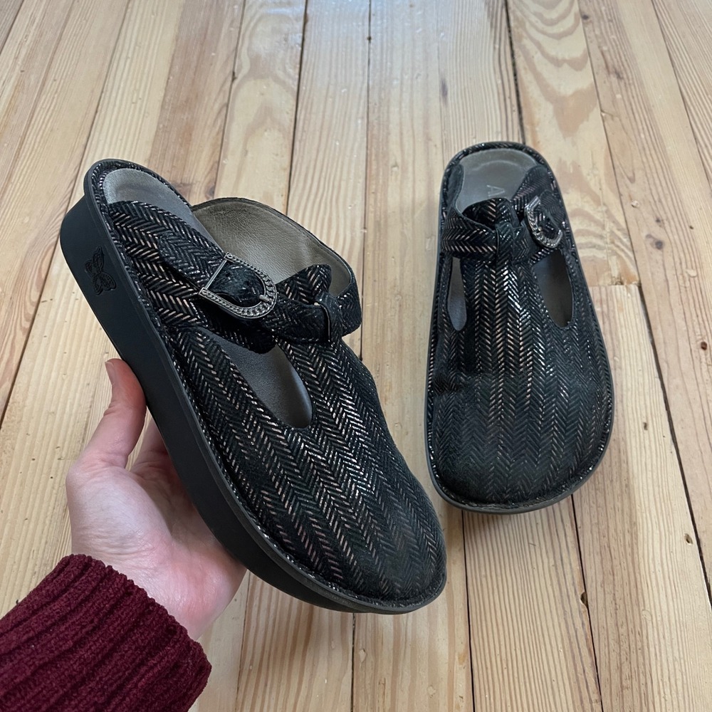 Alegria ALG-255 Black Silver Herringbone leather Mary Jane Mules Clogs EU 39